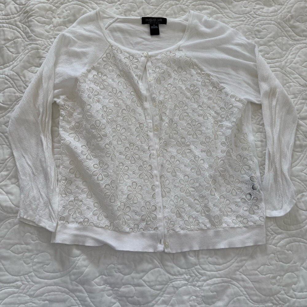 August Silk White Cotton Modal Floral Lace Button Cardigan Crewneck Size XL EUC - Picture 8 of 10